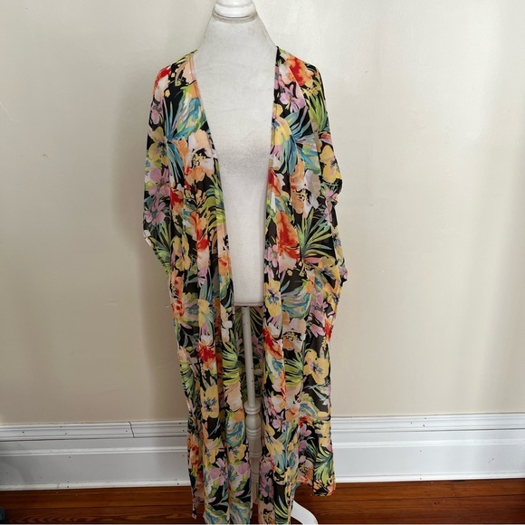 Forever 21 Sheer Black and Floral Swim Coverup Kimono - NWT - Size Small - Picture 1 of 9
